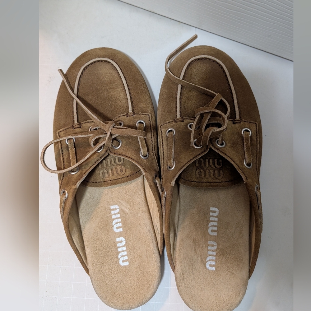 NEW Miu Miu Faded Suede Mules Size 36 Cinnamon Brown US 6 Boat Shoe - Picture 2 of 8